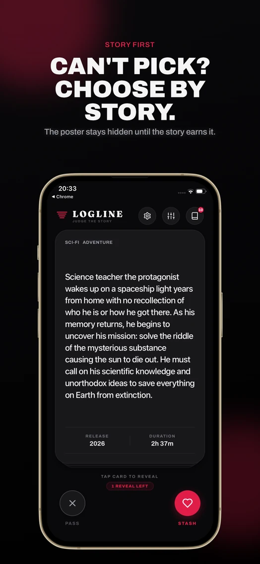 Logline story-first discovery screen with the movie title and poster hidden